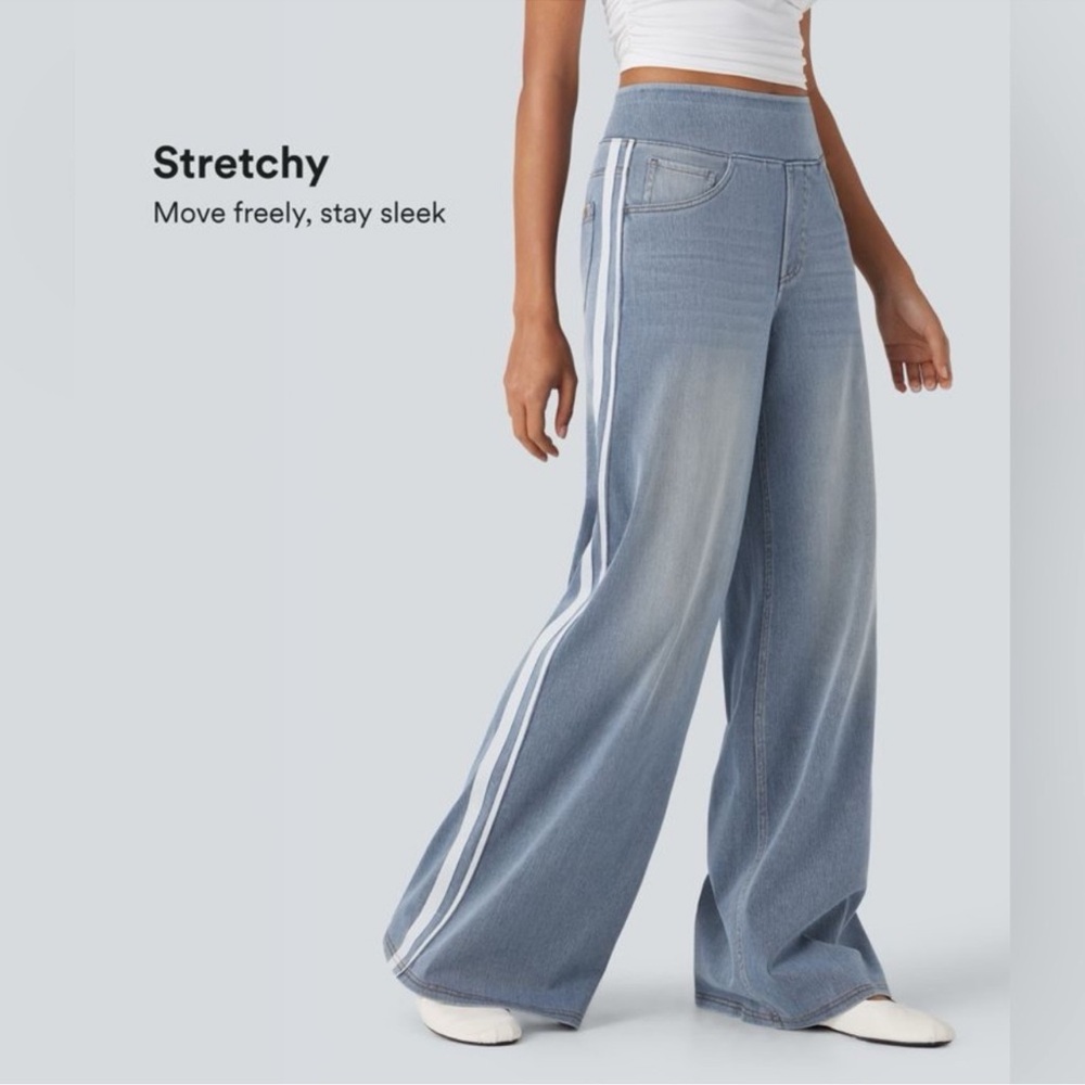HALARA Light Blue Wide Leg Track Denim Pants with White Side Stripe